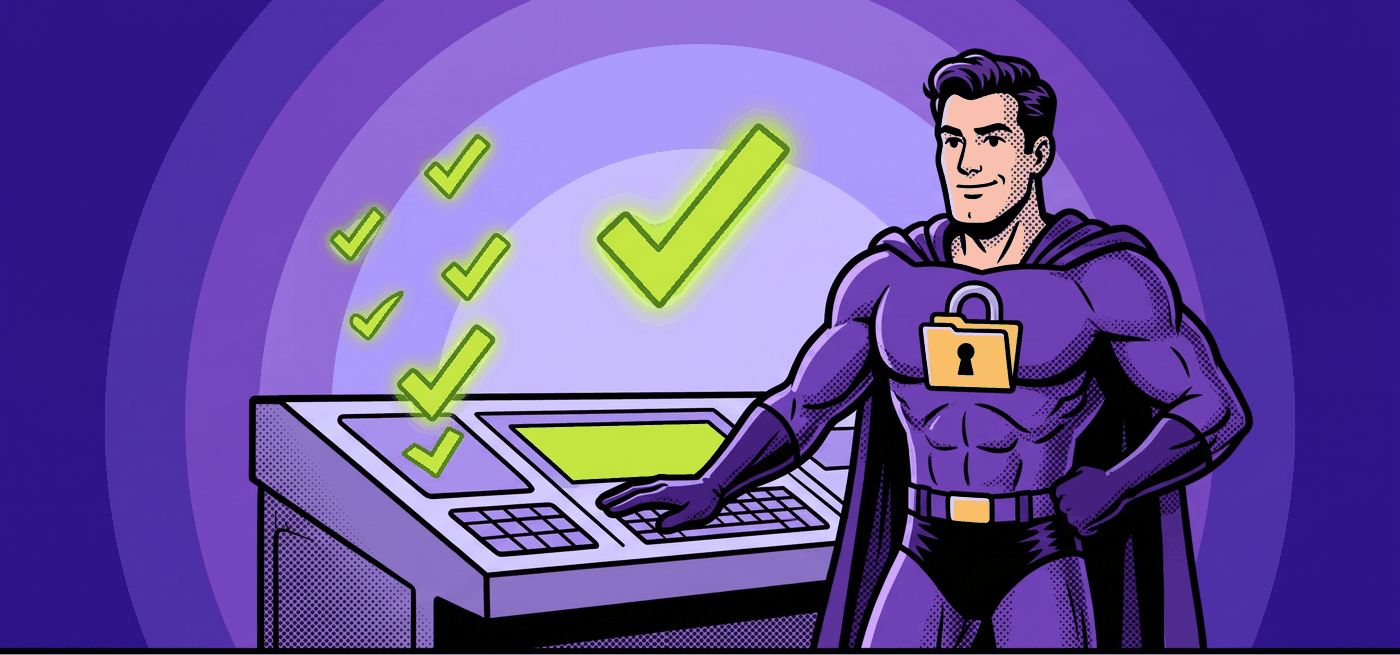 Comic-style illustration of a relaxed admin superhero at a control console with green confirmation checkmarks