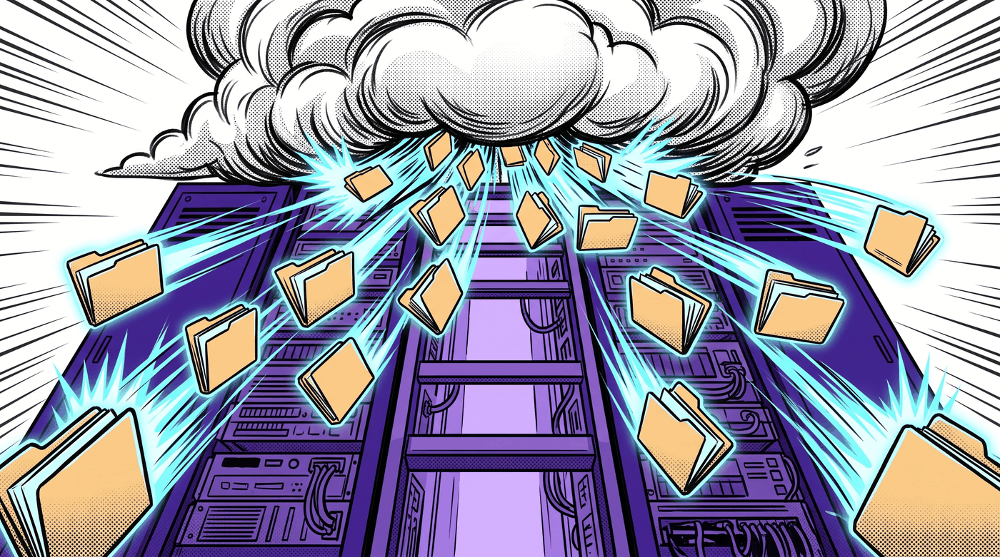 Comic-style illustration of a cloud superhero releasing folders down into a stack of servers, aqua motion trails