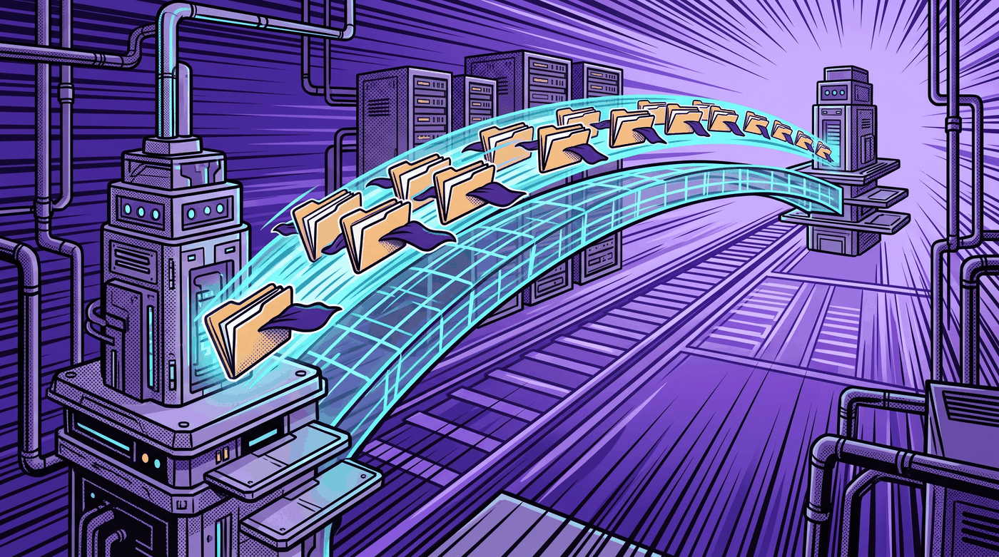 Comic-style illustration of folders traveling along a teal transfer path between two server towers