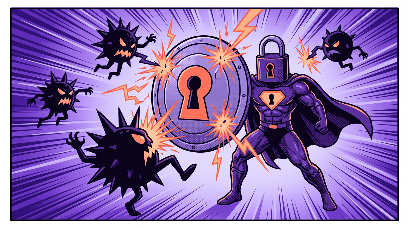 Comic-style illustration of a padlock-headed superhero with a shield deflecting spiky malware creatures